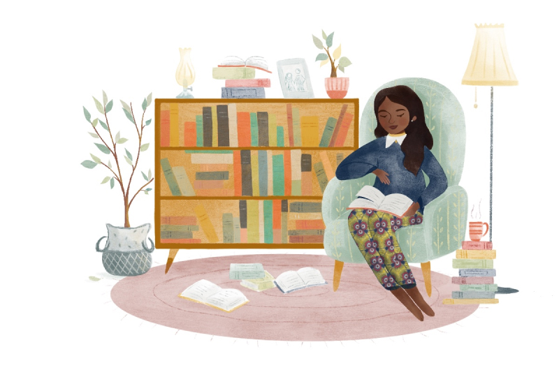 An illustration of a woman reading a book in her house with the africa continent being made by books in her library