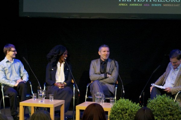 Taiye Selasi alongside Kevin Maher, Gavin Extence, and Waterstone's Chris White at a Hay Festival event. 