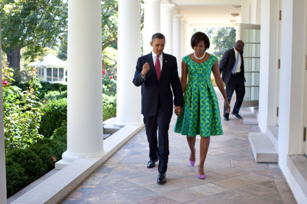 President Barack Obama and First Lady Michelle Obama walk along the Colonnade of the White House, Sept. 21, 2010. (Official White House Photo by Pete Souza) This official White House photograph is being made available only for publication by news organizations and/or for personal use printing by the subject(s) of the photograph. The photograph may not be manipulated in any way and may not be used in commercial or political materials, advertisements, emails, products, promotions that in any way suggests approval or endorsement of the President, the First Family, or the White House.